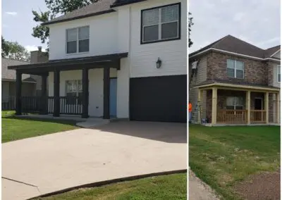 Two-panel photo showing exterior home renovations: left panel — newly painted two-story white house with black-trimmed windows, black front porch columns and railing, black garage door, concrete driveway and green lawn; right panel — neighboring two-story brick and siding house with a worker on a ladder adding or painting a yellow wooden front porch and new railing.